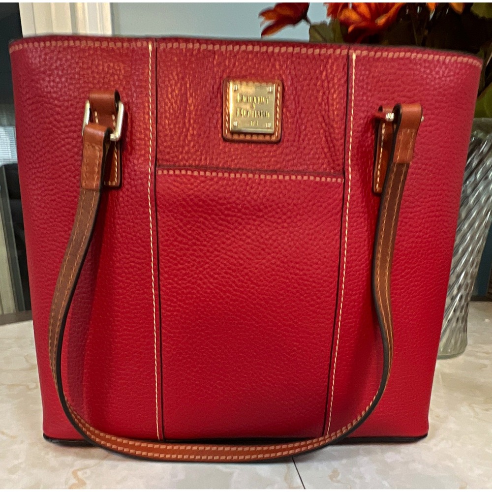 Dooney & Bourke Red Pebbled Tote Zip Top Brown Straps